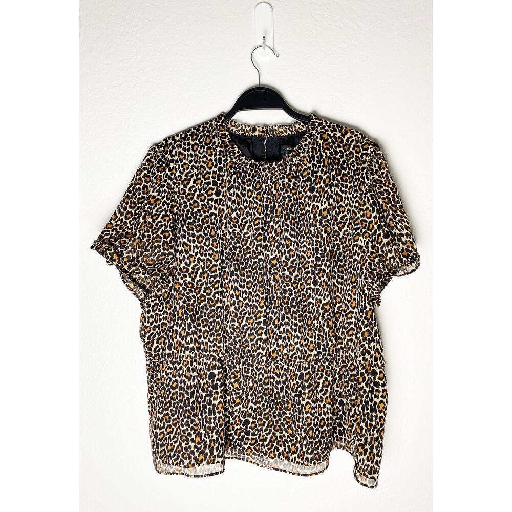 J. Crew Women's Tan Black Leopard Print Ruffle Neck Short Sleeve Peplum Blouse - Picture 4 of 12